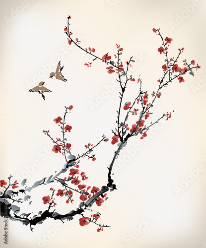 drzewo-z-czerwonymi-kwiatami-i-ptakami-ilustracja