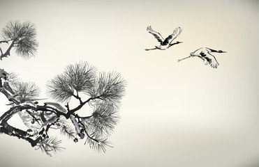Plakat stary japoński sosna drzewa piękny