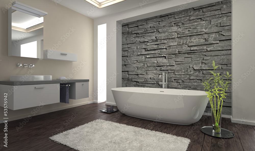 Modern Bathroom interior with stone wall - obrazy, fototapety, plakaty 