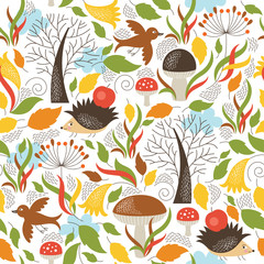 Wall Mural - Seamless  pattern with a cute hedgehogs in a forest