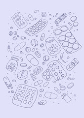 Poster - ector illustraition of various pills, hand drawn design set