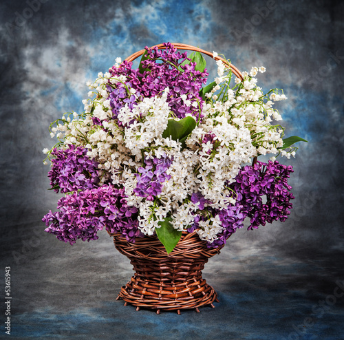 Obraz w ramie Still life, a beautiful lilac and lily of the valley in the bask