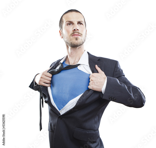 Fotografía Young businessman acting like a super hero and tearing his shirt