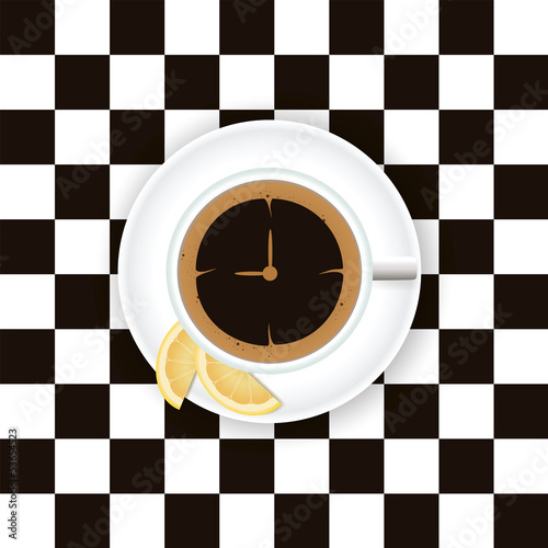 Obraz w ramie A cup of coffee with a lemon on a saucer on a chess board