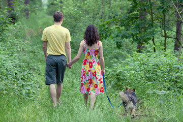 Young couple holding hands and walking with dog in the forest