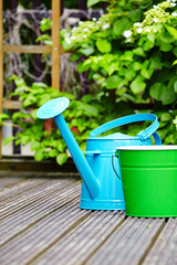 Wall Mural - Fresh herbs in wooden box with garden tools on terrace