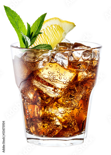 Plakat na zamówienie Glass of cola with ice, mint and lemon isolated on white. Clippi
