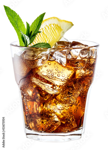 Naklejka dekoracyjna Glass of cola with ice, mint and lemon isolated on white. Clippi