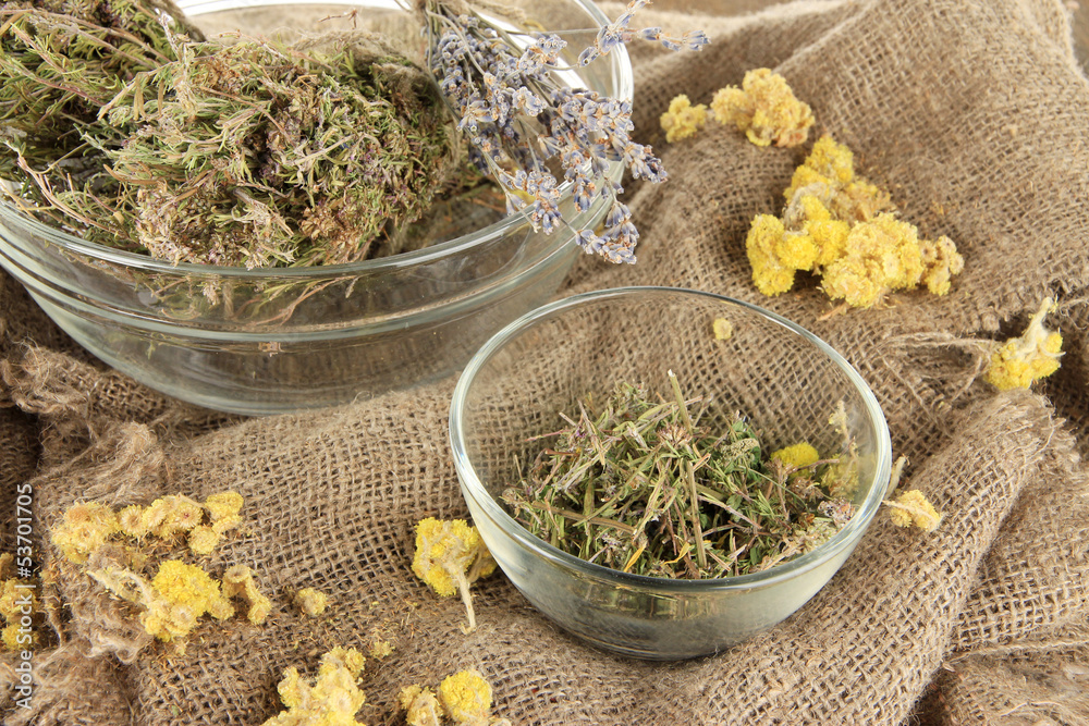 Medicinal Herbs in glass bowls on bagging close-up