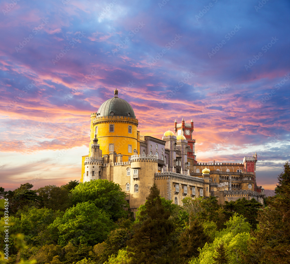 Fairy Palace against sunset sky /  Panorama of Palace in Sintra, - obrazy, fototapety, plakaty 