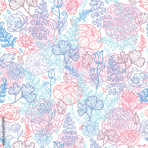 Naklejka dekoracyjna Vector morning colors floral line art seamless pattern with hand