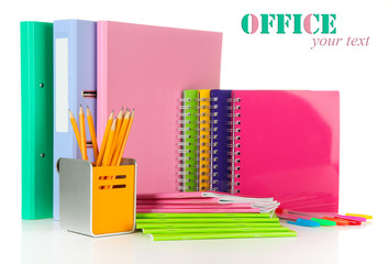 Bright office folders and different stationery isolated on