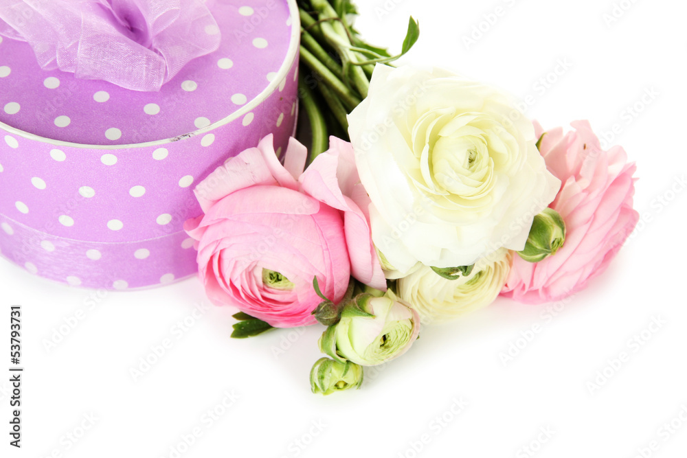 Ranunculus (persian buttercups) and gift, isolated on white