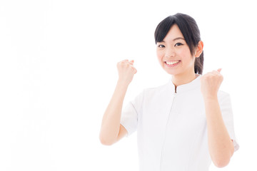 Wall Mural - attractive asian nurse supporting on white background