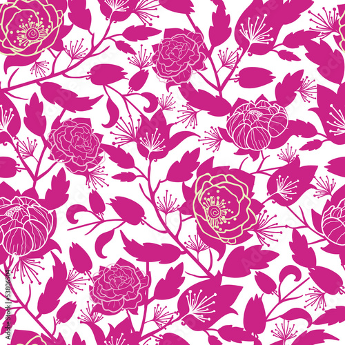 Obraz w ramie Vector magenta floral silhouettes seamless pattern background