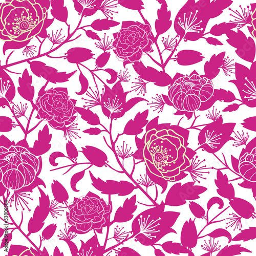 Naklejka - mata magnetyczna na lodówkę Vector magenta floral silhouettes seamless pattern background