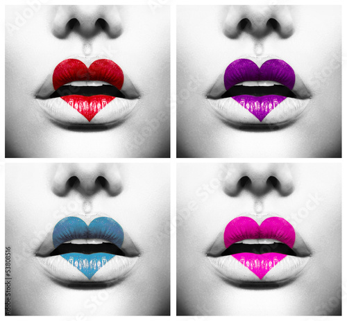 Naklejka dekoracyjna Collage of Beauty Sexy Lips with Colorful Heart Shape paint