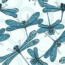 Seamless Hand Drawn Blue Vintage Pattern With Dragonflies