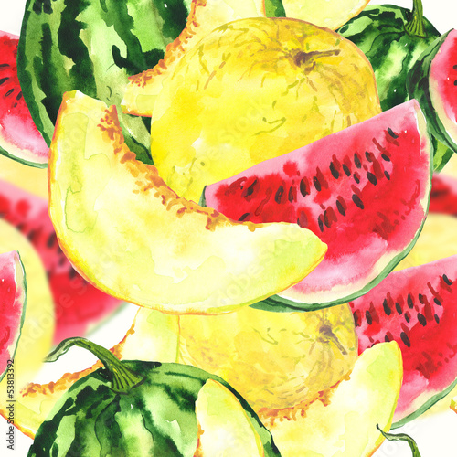 Fototapeta na wymiar Watercolor seamless background with melon and watermelon