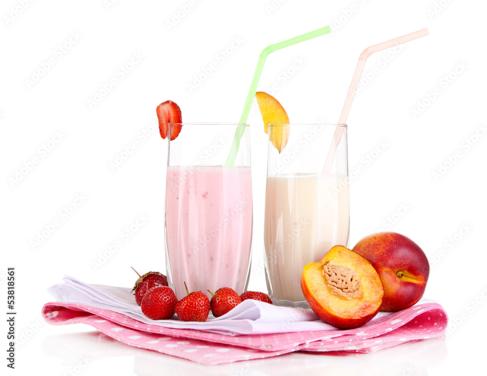Delicious milk shakes with strawberries and peach isolated