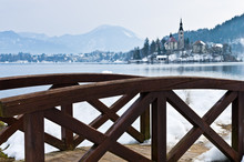 Little Wooden Bridge By The Lake Bled, Slovenian Alps