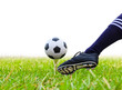 foot kicking soccer ball on golf tee isolated