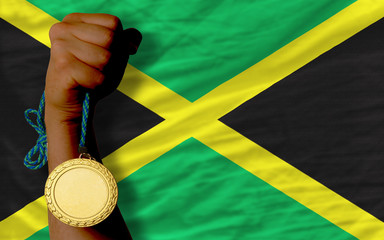 Poster - Gold medal for sport and  national flag of jamaica