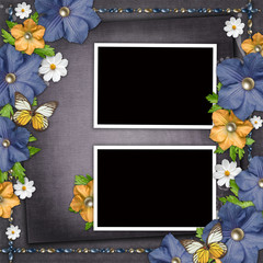 Sticker - Vintage background with  blue and yellow flowers, frames