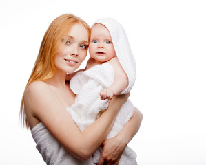 mother with baby after bathing