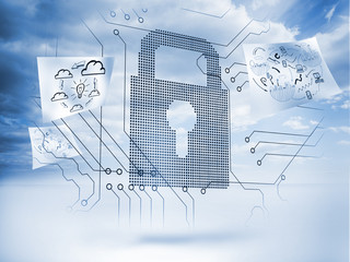 Poster - Giant padlock with circuit board and drawings floating around