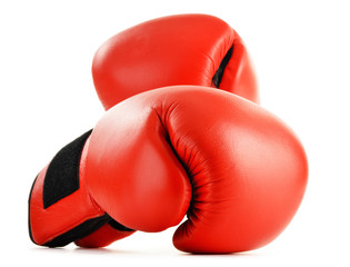 Poster - Pair of red leather boxing gloves isolated on white