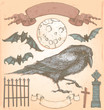 Hand Drawn Vintage Halloween Spooky Crow Vector Set
