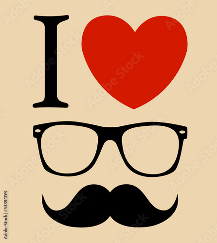 Naklejka - mata magnetyczna na lodówkę print I love Hipster glasses and mustaches. vector background