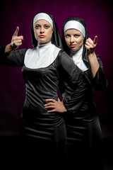 Attractive young nuns posing indoors