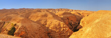 Judean Desert. Panoramic View Towards The Monastery Of Tempation