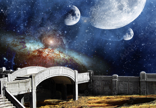 Fototapeta na wymiar Fantasy Scene with a Bridge and Moons