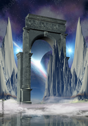 Fototapeta na wymiar Fantasy Landscape with Mountains and an Arch