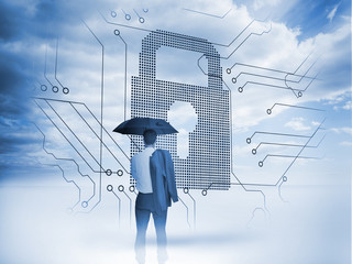 Aufkleber - Businessman under an umbrella looking at a big padlock