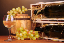 Wooden Case With Wine Bottle, Barrel, Wineglass And Grape