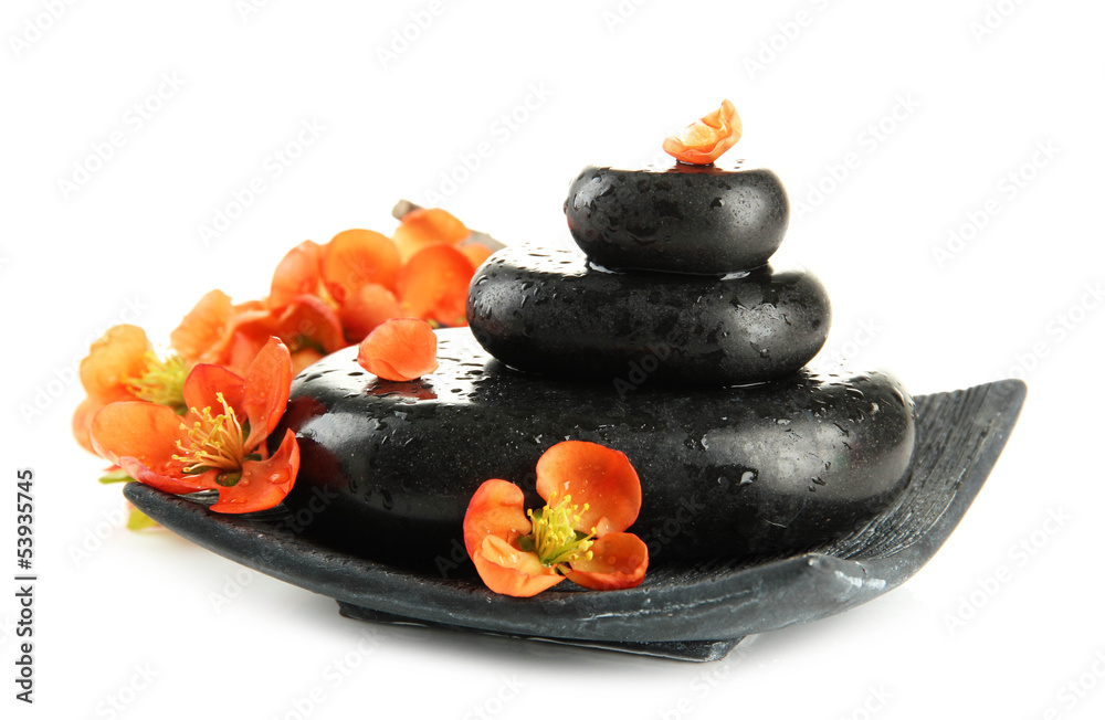 Spa stones and flowers isolated on white