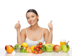 Sticker - happy woman with fruits and vegetables