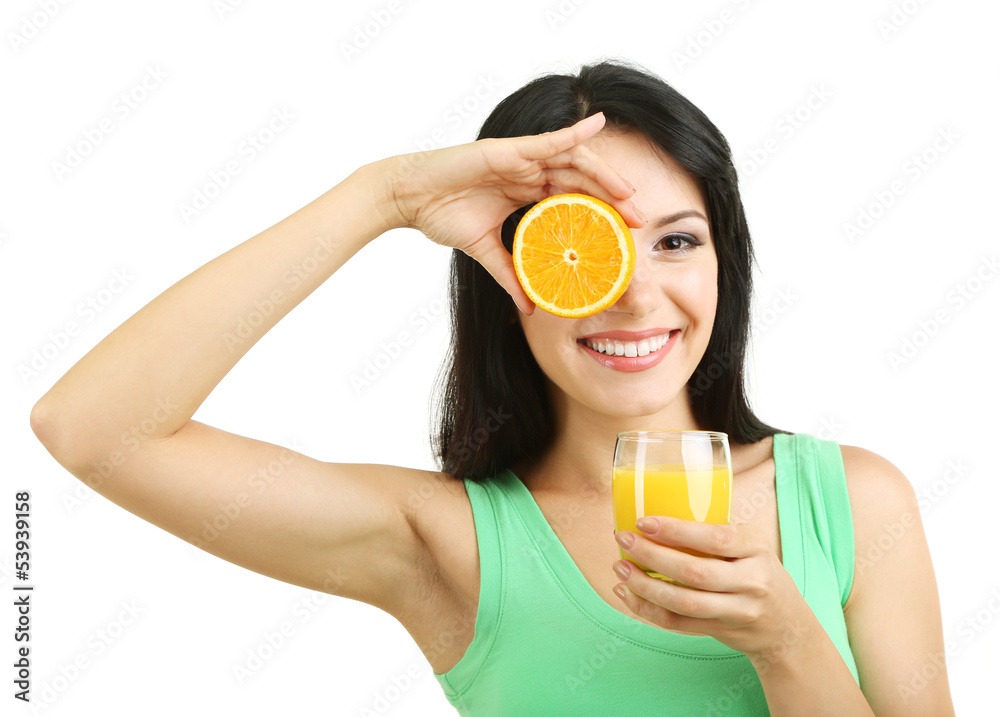 Girl with fresh juice and orange isolated on white