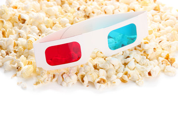 Popcorn and 3D glasses, isolated on white