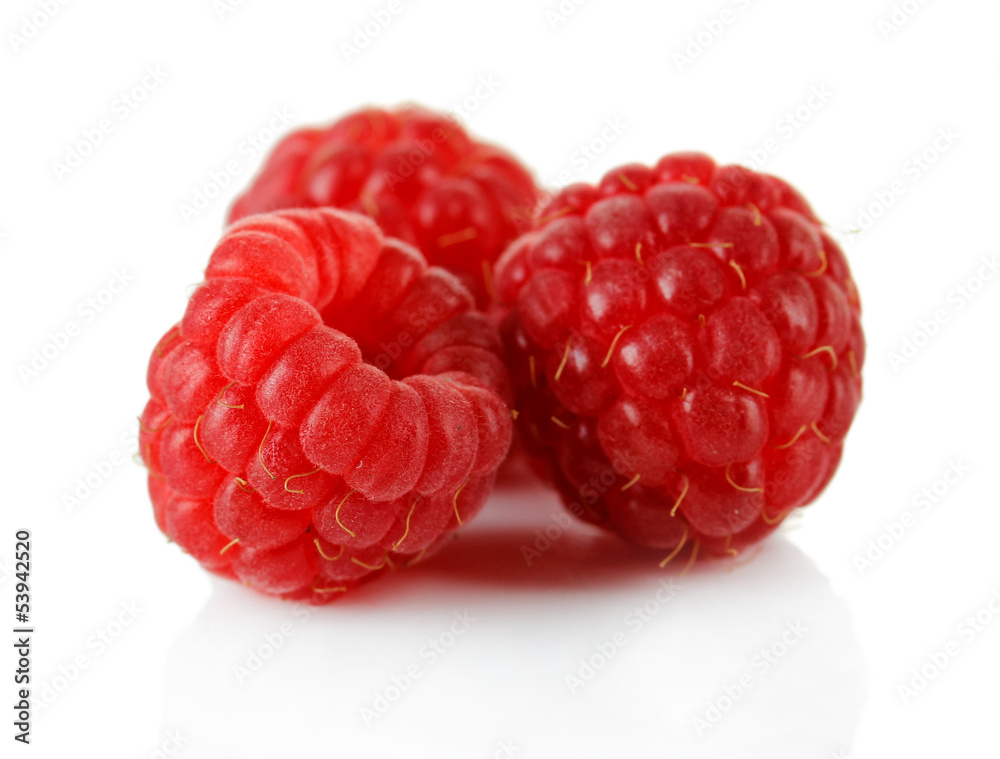Ripe sweet raspberries isolated on white