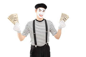 Sticker - Smiling male mime artist holding US dollars