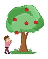 Man Plucking Fruits from Tree Vector Illustration