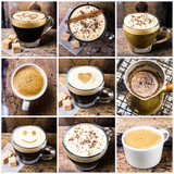 Coffee collage with Coffee espresso, cappuccino, latte and mocha