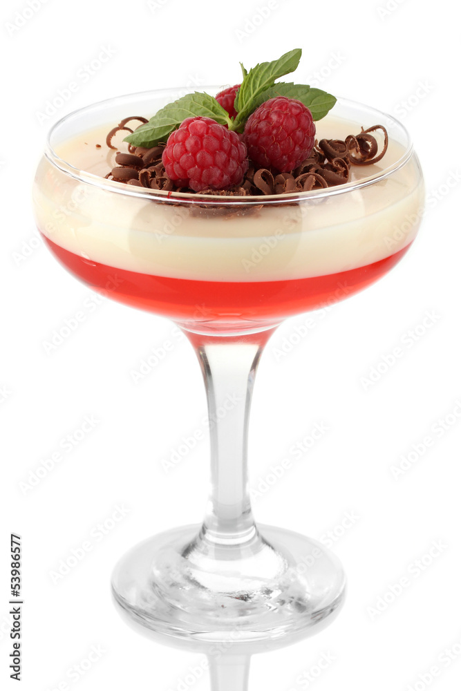 fruit jelly with chocolate and raspberries in glass isolated
