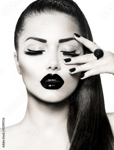 Naklejka na meble Black and White Brunette Girl Portrait. Trendy Caviar Manicure