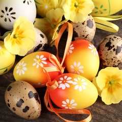 Wall Mural - Close-up of quail and Easter eggs.